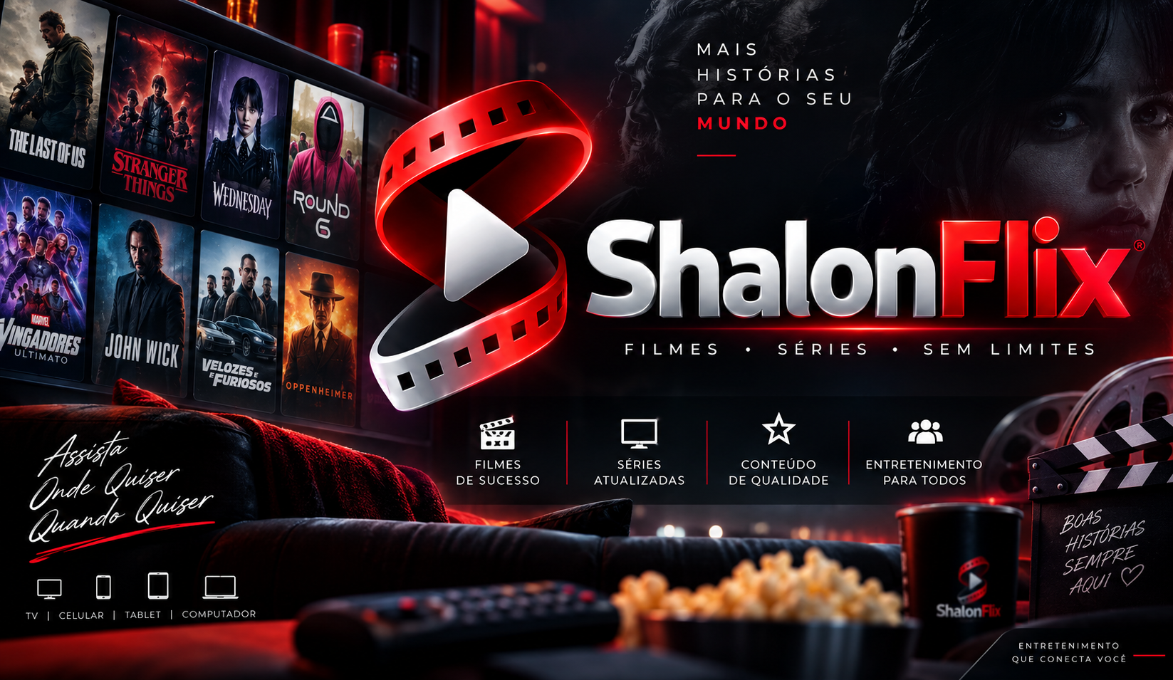 Identidade visual ShalonFlix em uma sala de cinema